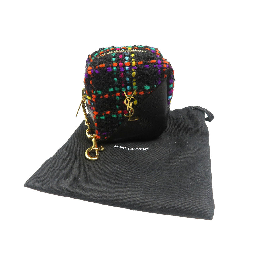SAINT LAURENT PARIS Coin case Tweed, Leather black preowned 100% Authentic