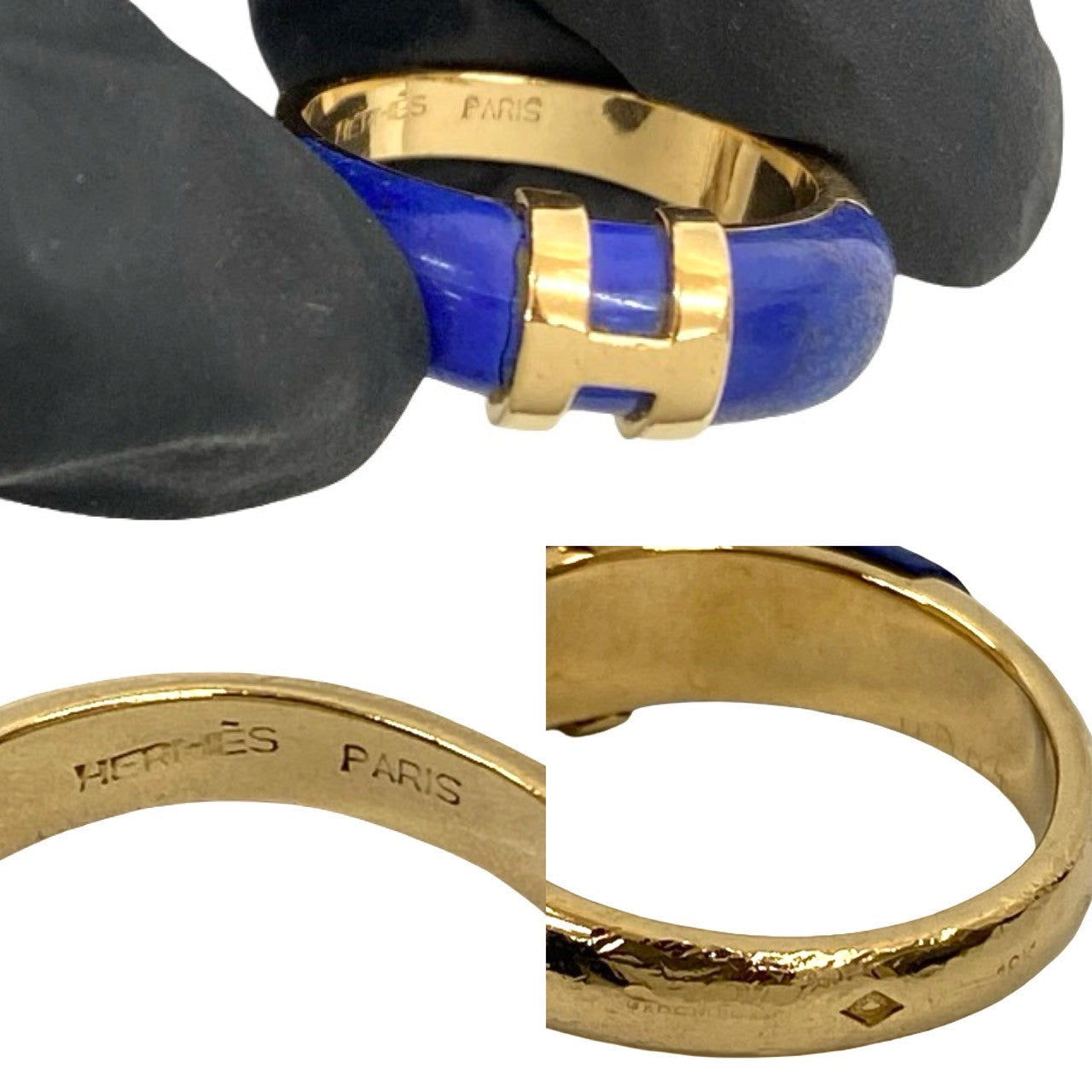 HERMÈS – H Logo Motif Ring – 18K Yellow Gold & Lapis Lazuli – Women – 100% Authentic Pre-Owned – AB Rank ✨ Excellent