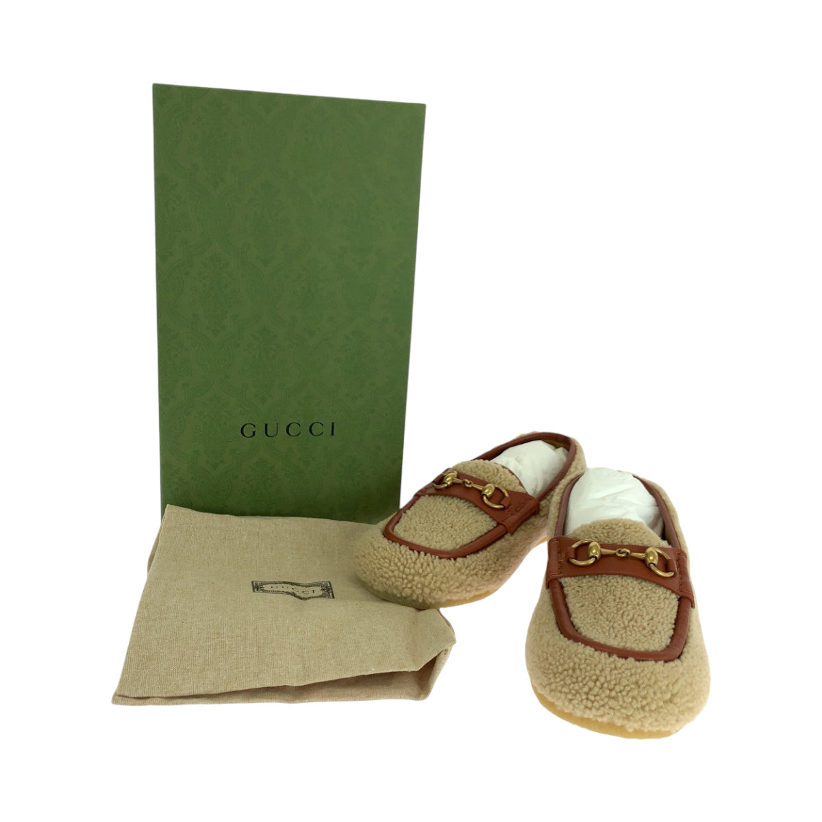 GUCCI loafers Mouton Brown Gold Metal Loafer moccasin Horsebit Women 8 Used 100% authentic ✨Unused, pristine condition