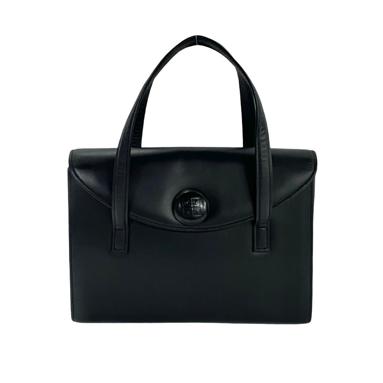 GIVENCHY Vintage Black Leather Handbag with Gold Medallion Logo (Circa 1980s–1990s, Designer: Hubert de Givenchy) – Pre - Owned, 100% Authentic - LLUXE.CA