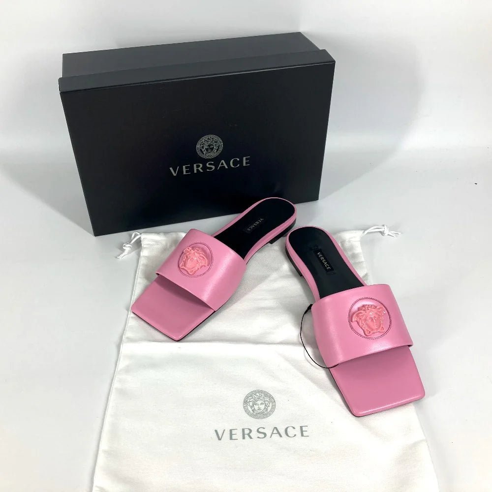 VERSACE – Sandals – Medusa Logo – Pink Leather – Donatella Versace – Circa 2022 – 100% Authentic Pre - Owned - LLUXE.CA