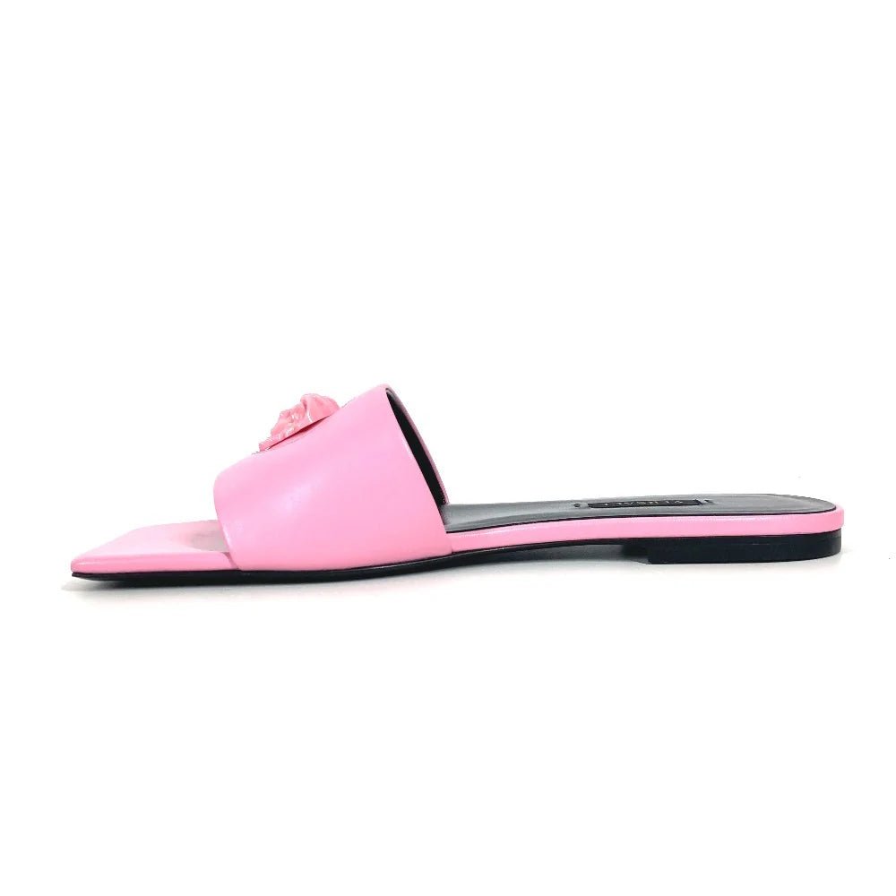 VERSACE – Sandals – Medusa Logo – Pink Leather – Donatella Versace – Circa 2022 – 100% Authentic Pre - Owned - LLUXE.CA