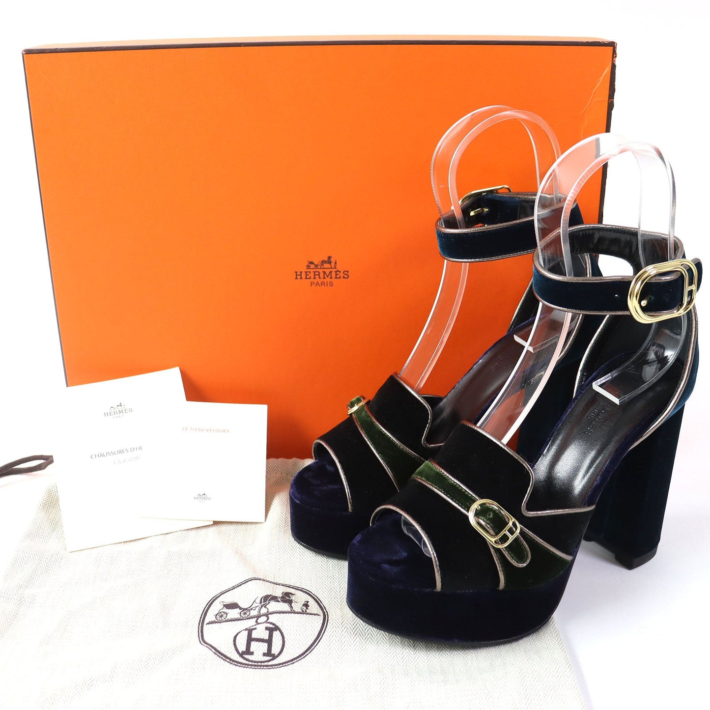 HERMÈS Violetta Ankle Strap Chunky Heel Sandals in Navy Velor, Size 36 – Made in Italy, 100% Authentic Pre-Owned (A Rank, 2020s)
