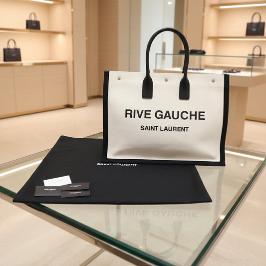 SAINT LAURENT – Rive Gauche Tote Bag – Beige & Black Canvas with Leather Trim –
