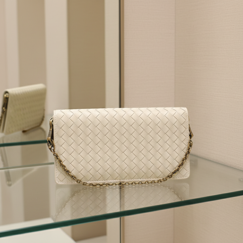 BOTTEGA VENETA – Intrecciato Leather Chain Wallet – White –