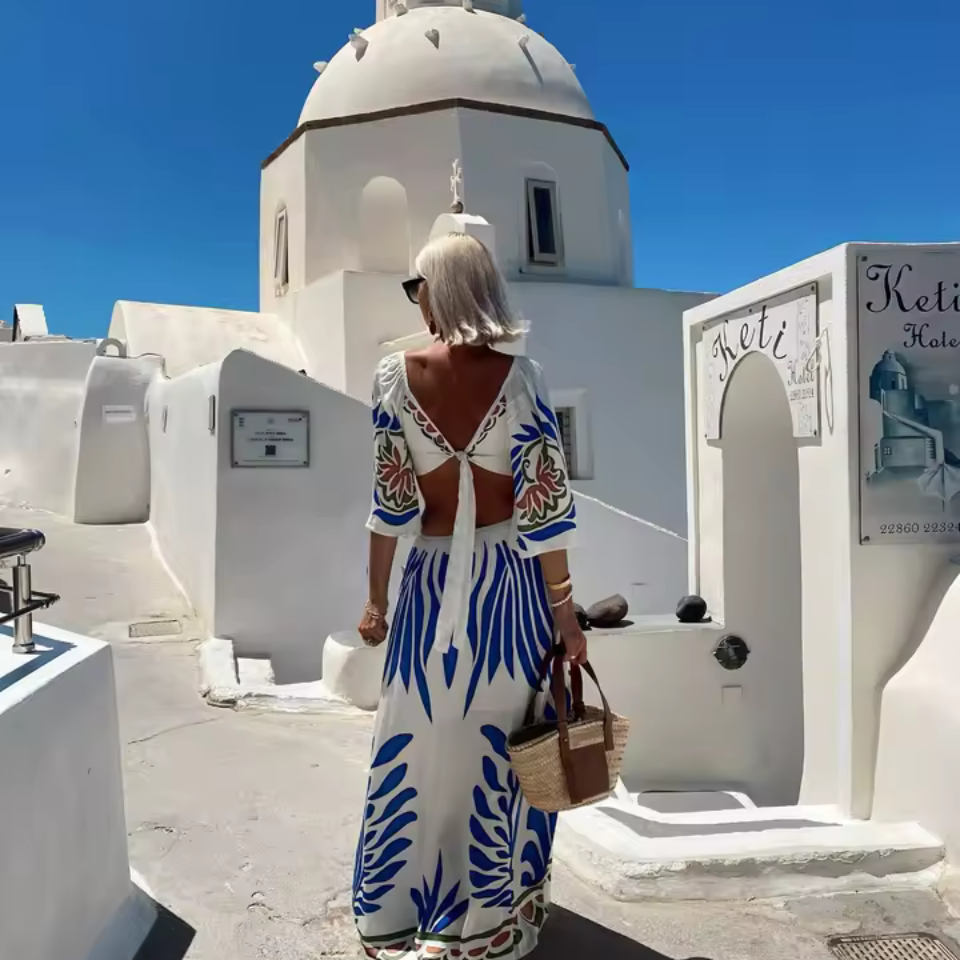 Bohemian White Maxi Dress - V-Neck Lace-Up Backless A-Line Vacation Dress with Half Sleeves