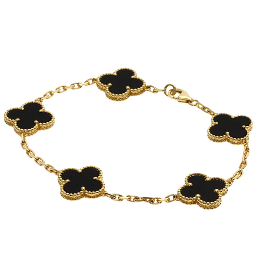 VAN CLEEF & ARPELS – Vintage Alhambra 5P Onyx Bracelet – 18K Yellow Gold – Women – 100% Authentic Pre-Owned A Rank ✨ Excellent