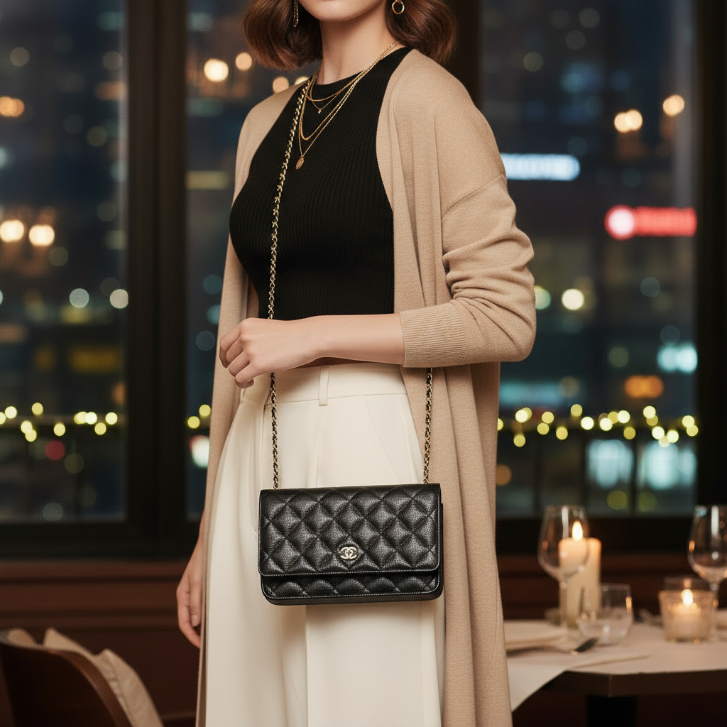 CHANEL — Classic Chain Wallet /Bag / Long Wallet Purse — Black Caviar Skin (grained calf leather)