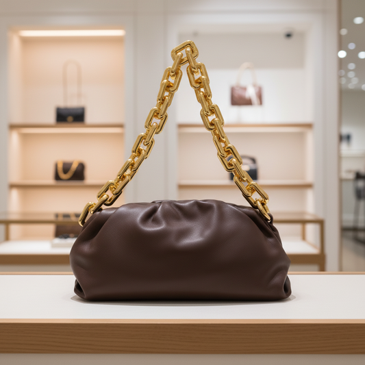 Bottega Veneta by Daniel Lee Chain Pouch in Brown Calfskin with Gold Chain