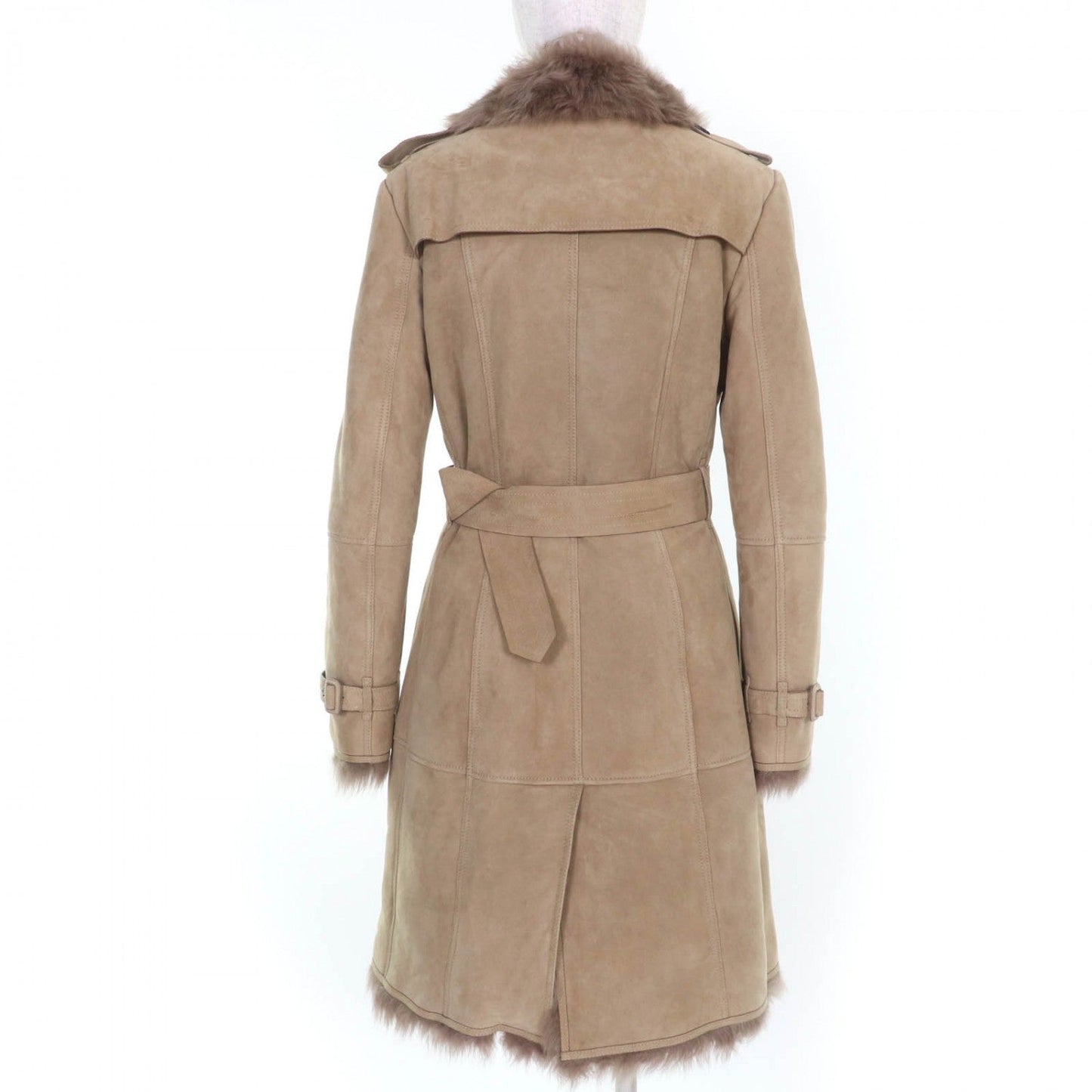 BURBERRY – Sheepskin Mouton Coat with Belt – Beige – Size 42 / US 8 –