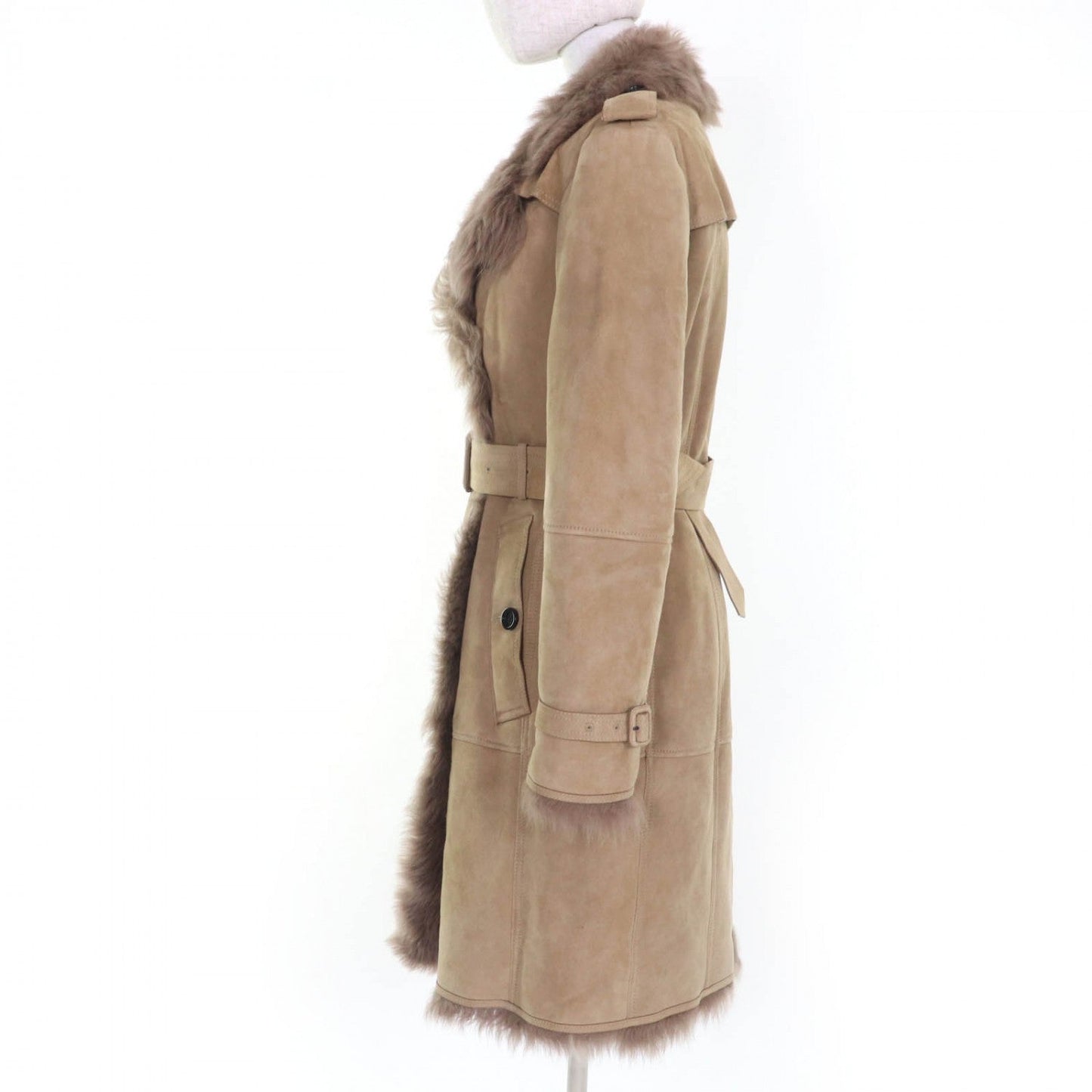 BURBERRY – Sheepskin Mouton Coat with Belt – Beige – Size 42 / US 8 –