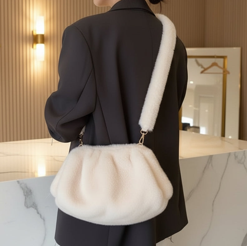 Plush Ruched Shoulder Bag | Soft Faux Fur Clutch Crossbody for Women