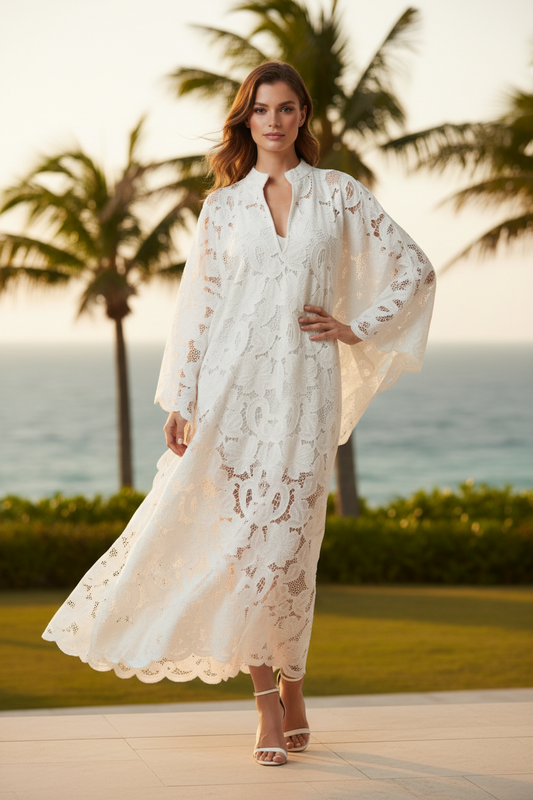 White Crochet Lace Maxi Dress V Neck Long Sleeve Loose Beach Holiday Dress Spring Summer 2026