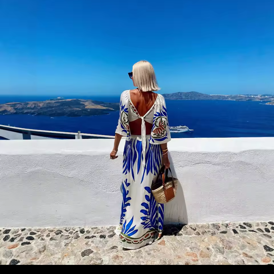 Bohemian White Maxi Dress - V-Neck Lace-Up Backless A-Line Vacation Dress with Half Sleeves