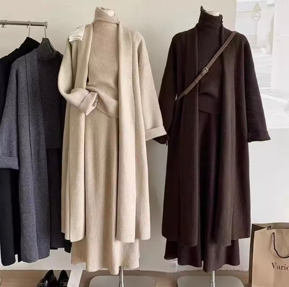 Women's 3-Piece Knit
Sweater Set - Long Cardigan, Sleeveless Top & Midi Skirt - Winter Soft lounge set