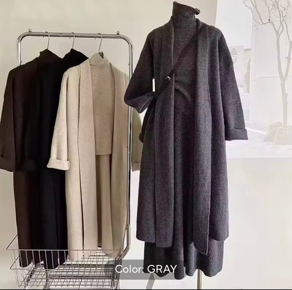 Women's 3-Piece Knit
Sweater Set - Long Cardigan, Sleeveless Top & Midi Skirt - Winter Soft lounge set