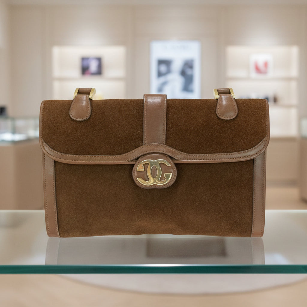 GUCCI              Vintage Pochette Brown Suede with Gold Metal Trim Old Gucci Line