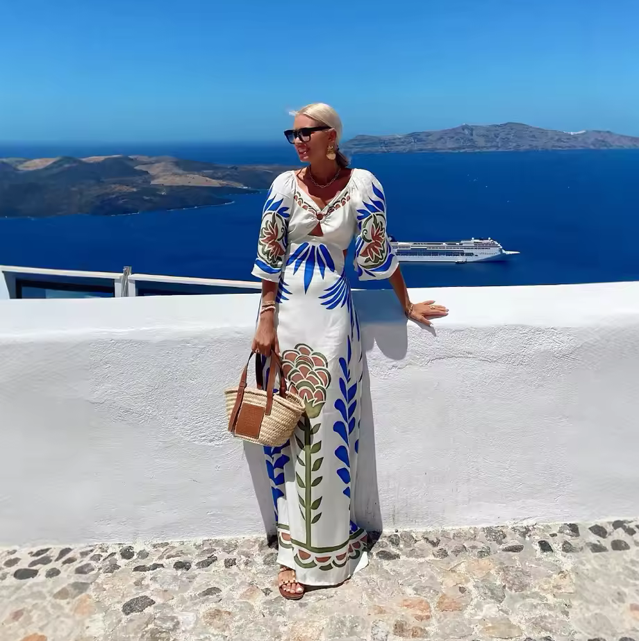 Bohemian White Maxi Dress - V-Neck Lace-Up Backless A-Line Vacation Dress with Half Sleeves