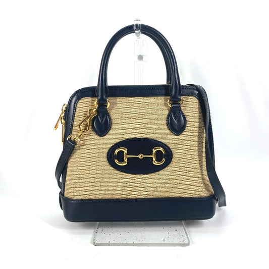 GUCCI Horsebit 1955 Small Top Handle in Beige & Dark Navy Canvas Leather – 2023 Alessandro Michele – 100% Authentic Pre-Owned ✨Like New