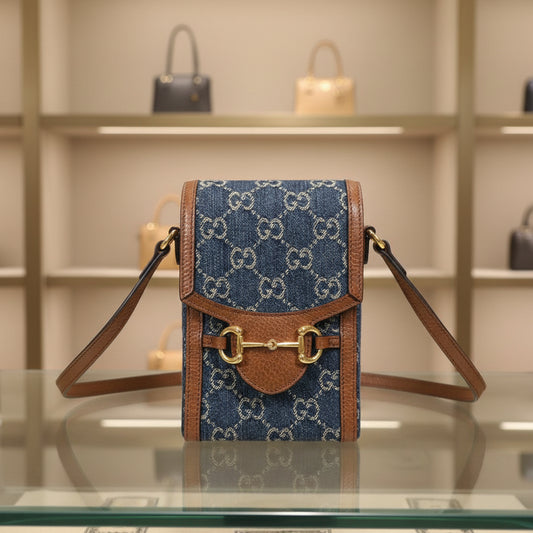 GUCCI Shoulder Bag – Horsebit 1955 Mini Bag – GG Denim &Leather – Blue × Brown –