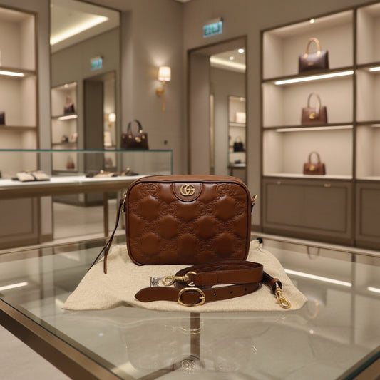 GUCCI – GG Matelassé Double G Shoulder Bag – Small – Brown Leather –