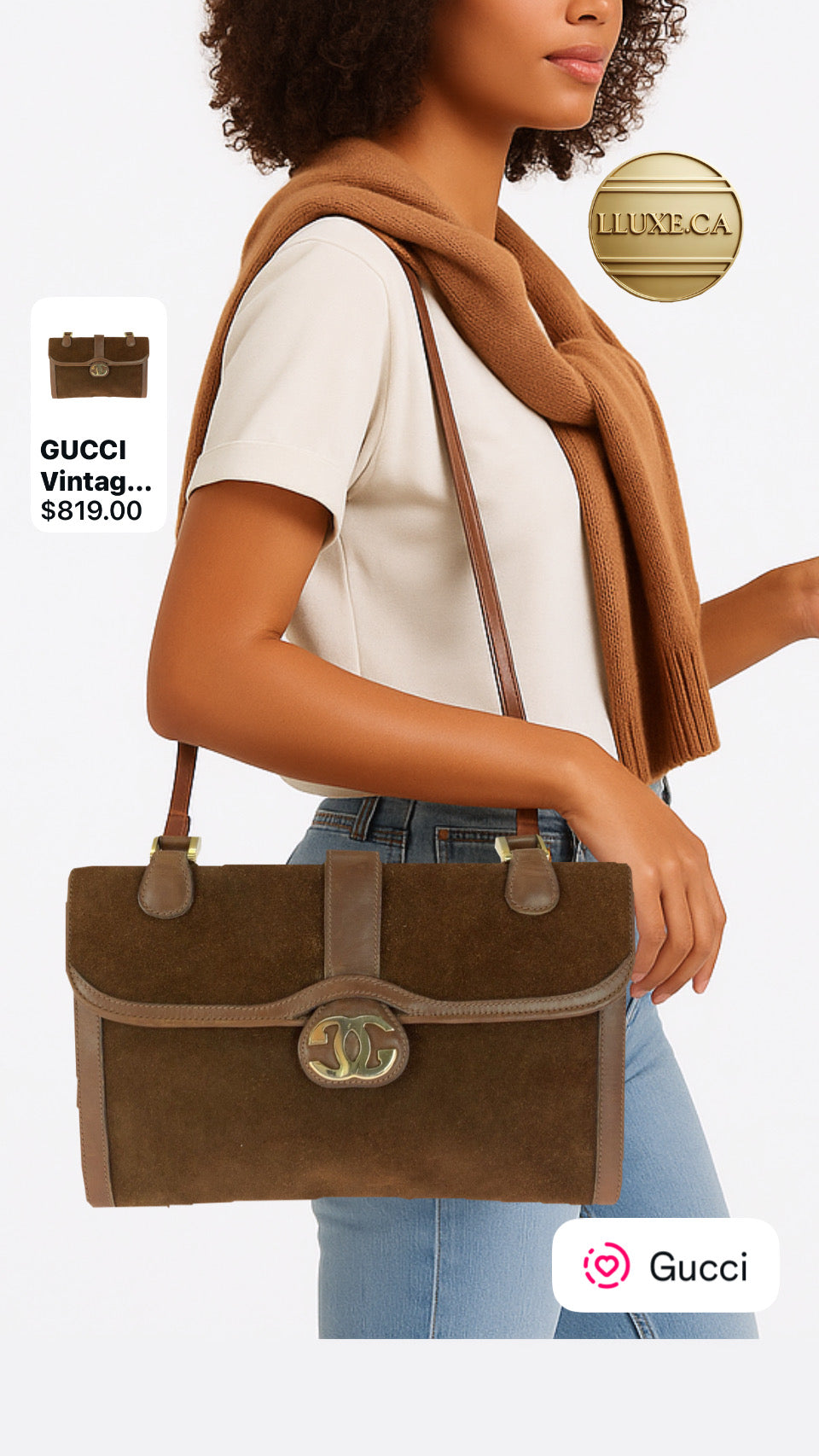 GUCCI              Vintage Pochette Brown Suede with Gold Metal Trim Old Gucci Line