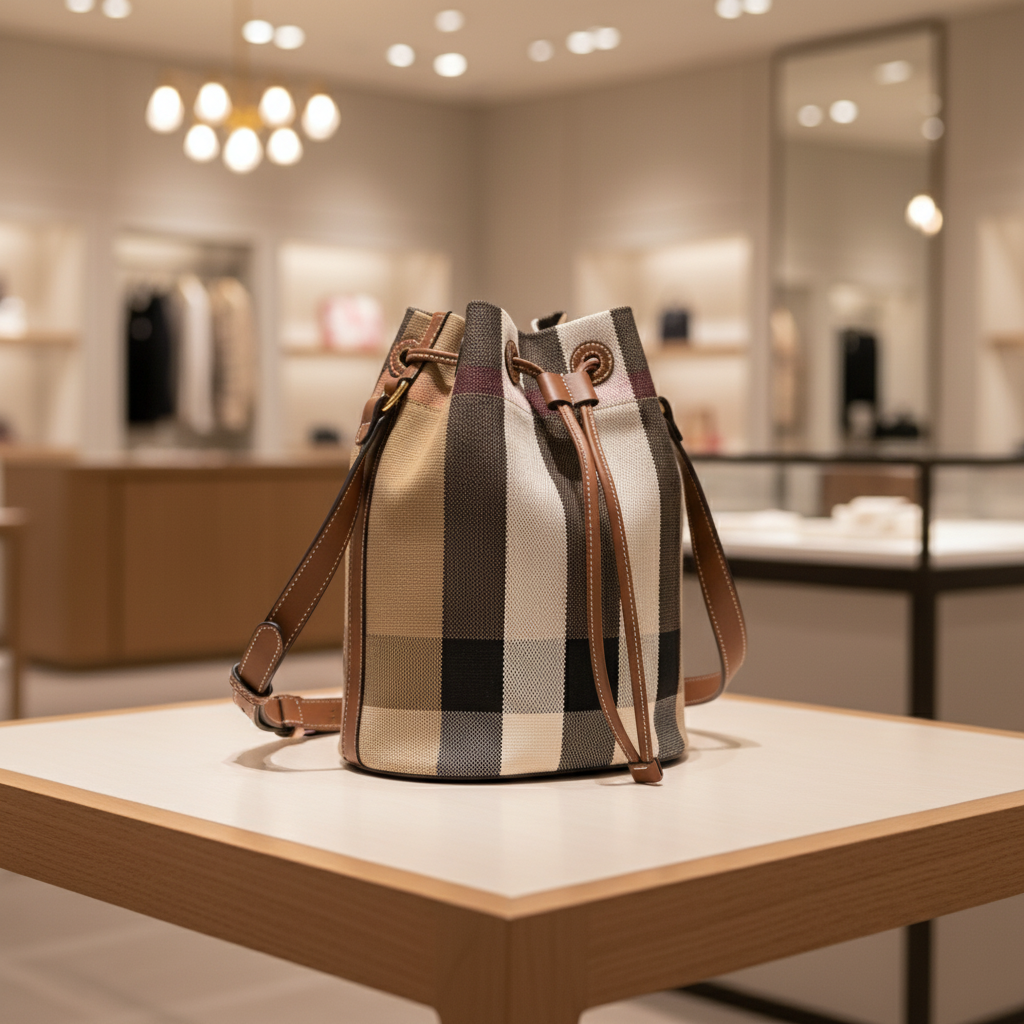 BURBERRY – Bucket Nova Check Diagonal Shoulder Bag – Brown Canvas Gold-Tone Hardware –