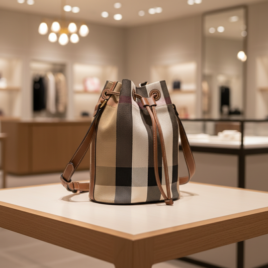 BURBERRY – Bucket Nova Check Diagonal Shoulder Bag – Brown Canvas Gold-Tone Hardware –