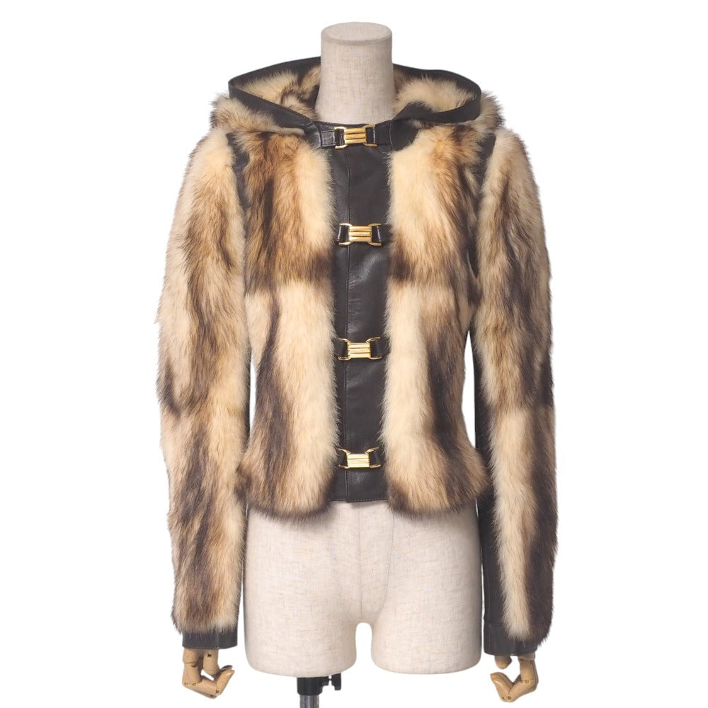 Dolce & Gabbana hooded jacket of brown leather and polecat fur, with goldtone logo buckle closures Size 38 –