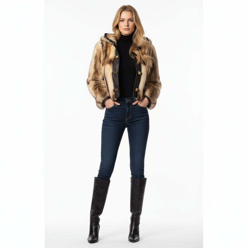 Dolce & Gabbana hooded jacket of brown leather and polecat fur, with goldtone logo buckle closures Size 38 –