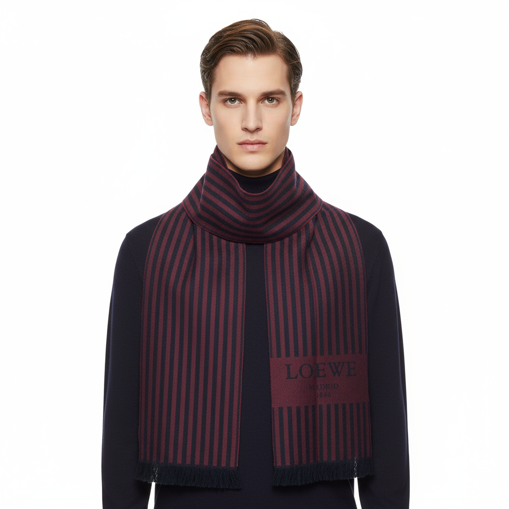 LOEWE – Wool Stall / Scarf – Wine Red × Black Stripe –