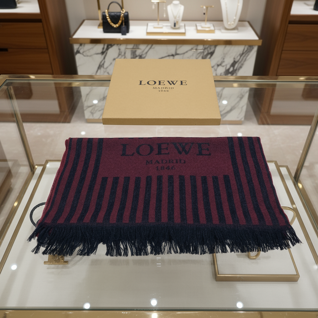 LOEWE – Wool Stall / Scarf – Wine Red × Black Stripe –