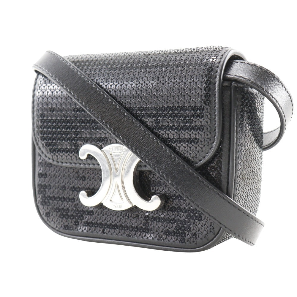 Celine CELINE – Mini Triomphe 2-Way Clutch Shoulder Bag Black Leather & Sequins