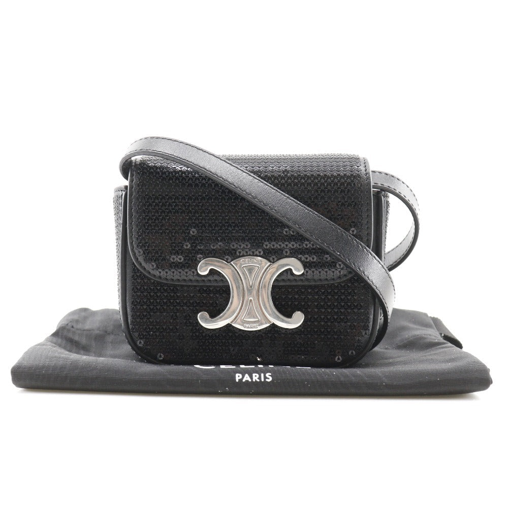 Celine CELINE – Mini Triomphe 2-Way Clutch Shoulder Bag Black Leather & Sequins