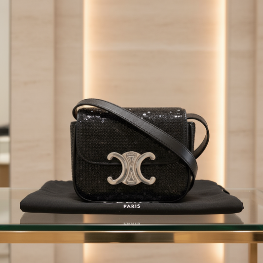 Celine CELINE – Mini Triomphe 2-Way Clutch Shoulder Bag Black Leather & Sequins