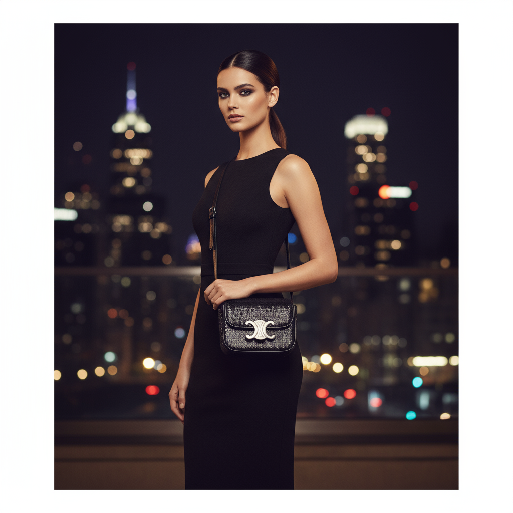 Celine CELINE – Mini Triomphe 2-Way Clutch Shoulder Bag Black Leather & Sequins