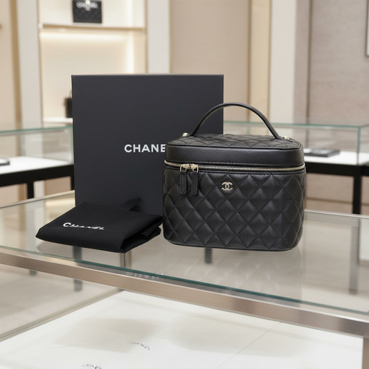 CHANEL – Timeless Classic Vanity Bag & Matte Black Caviar Skin with Brass Hardware