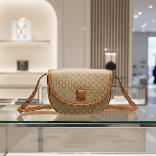 CELINE – Macadam Blazon Triomphe Logo Shoulder Bag – Beige Leather and pvc