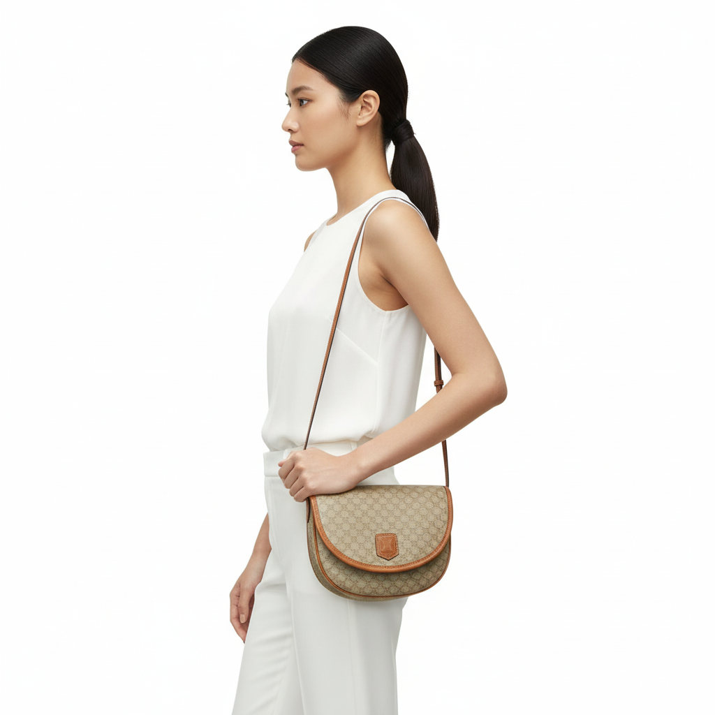 CELINE – Macadam Blazon Triomphe Logo Shoulder Bag – Beige Leather and pvc