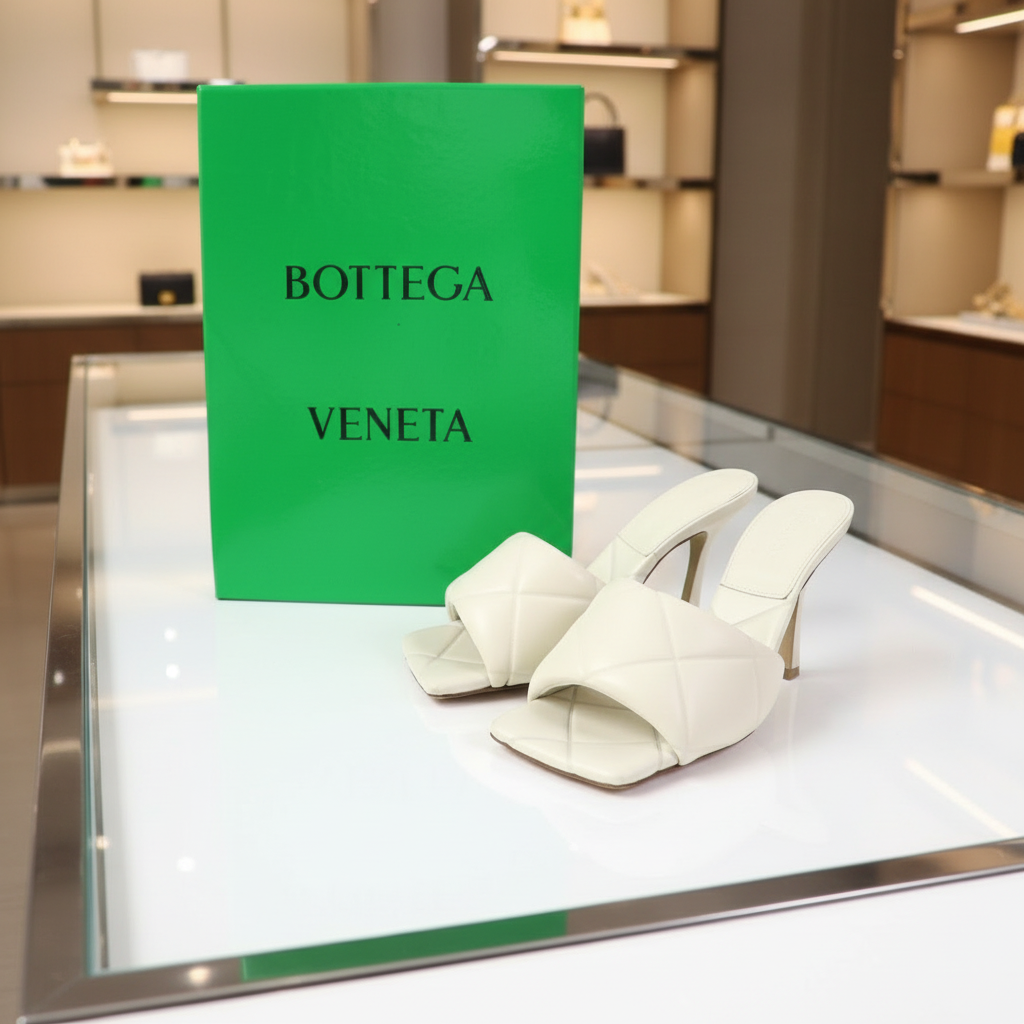 BOTTEGA VENETA – LIDO Maxi Intrecciato Heeled Mules – Ivory Leather – Size 38 –