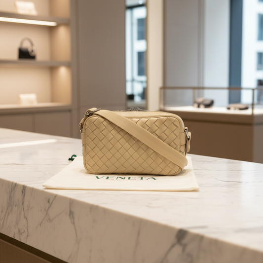 BOTTEGA VENETA – Intrecciato Shoulder Bag – Beige Leather –