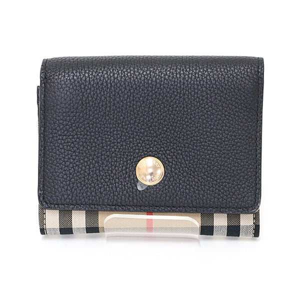 BURBERRY – Tri-Fold Wallet – Black Leather & Burberry Check –