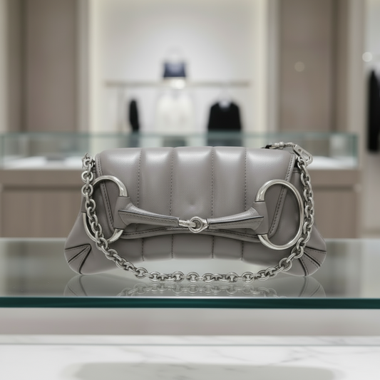 GUCCI – Horsebit Chain Shoulder Bag – Gray Leather