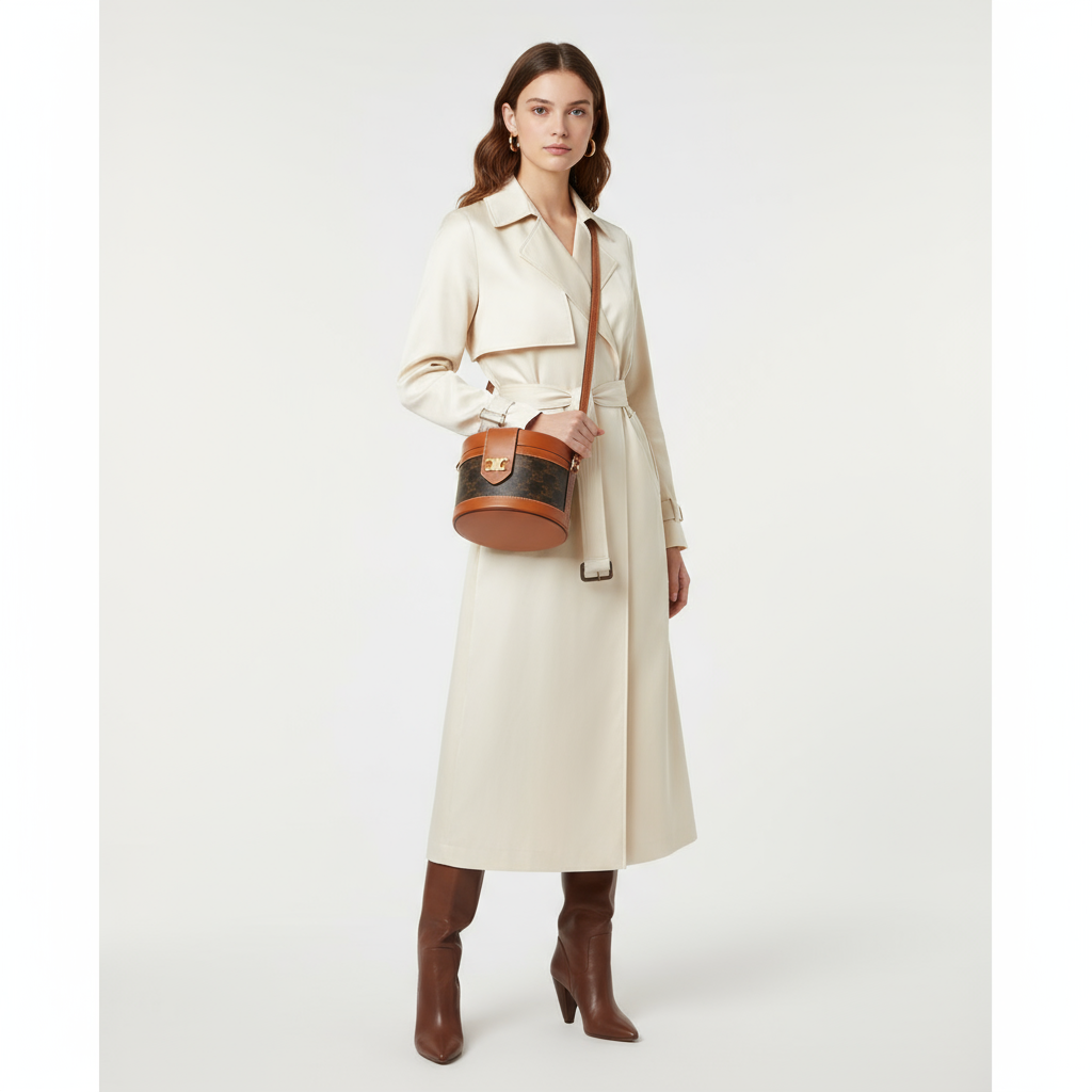 CELINE – Tambour Triomphe Shoulder Bag – Brown PVC & Calfskin –