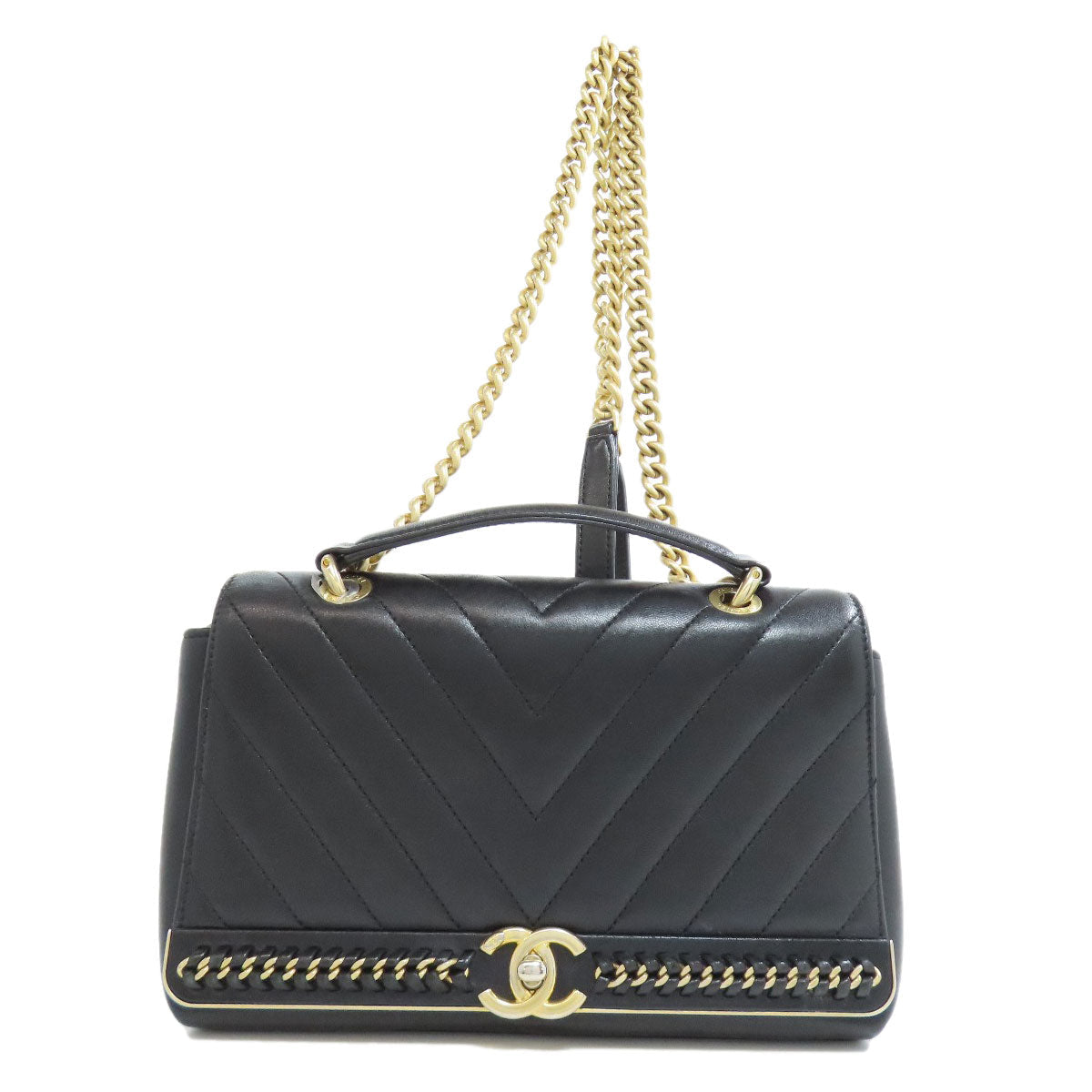 CHANEL – V-Stitch 2-Way Shoulder Bag – Black Lambskin with Gold-Tone Metal