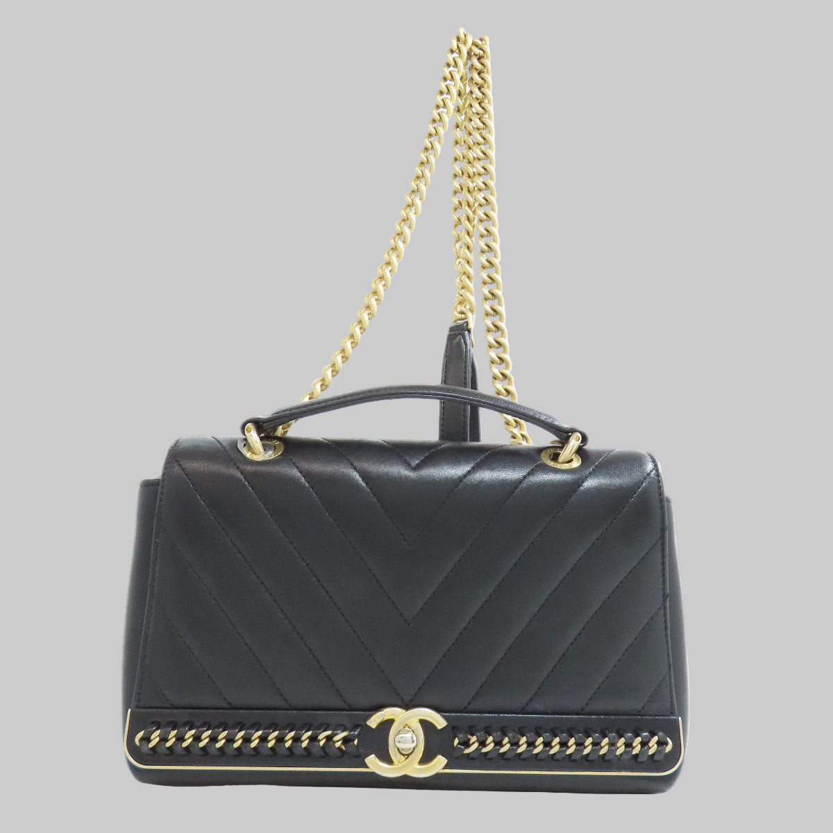 CHANEL – V-Stitch 2-Way Shoulder Bag – Black Lambskin with Gold-Tone Metal