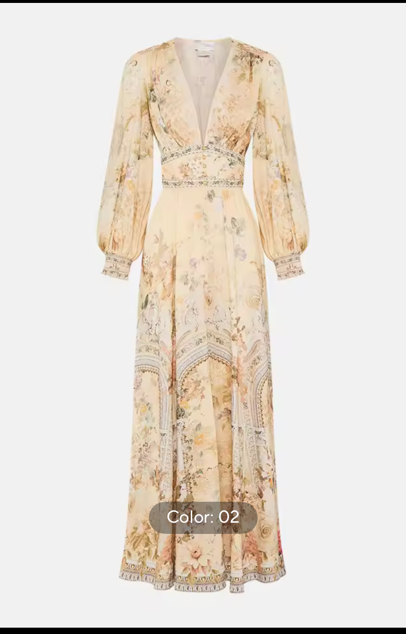 Women’s Printed Ankle-Length V-Neck Dress | Long Sleeve Sheath Maxi Dress