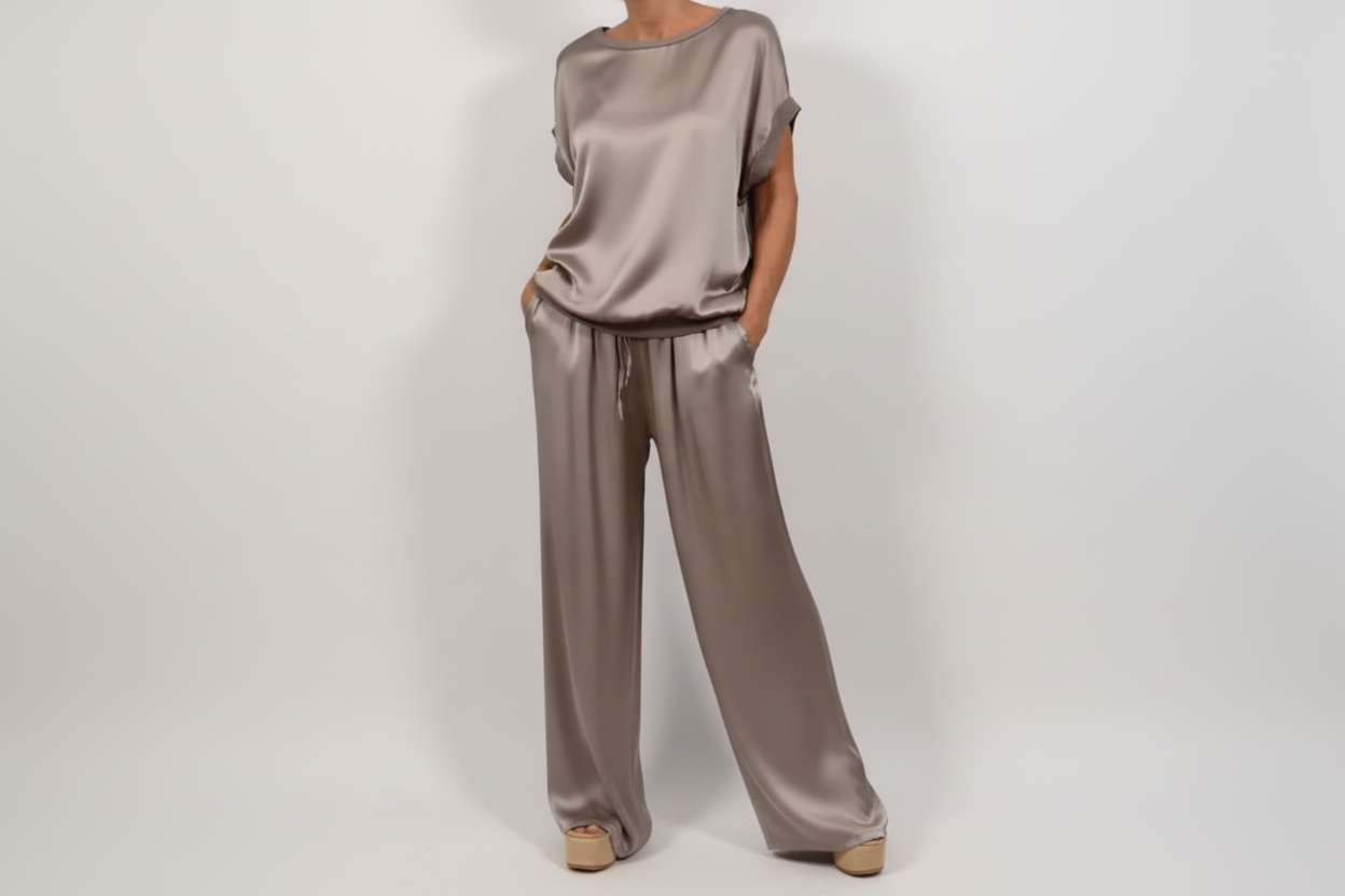 Women’s Satin Two Piece Set – Relaxed Top & Wide Leg Pants | Elegant Summer Outfit