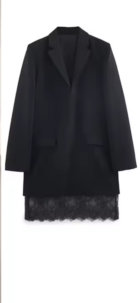 Women’s Black Lace-Trim Blazer Dress – Notched Collar, Long Sleeve Elegant Office & Evening Dress