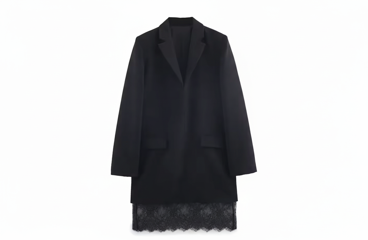 Women’s Black Lace-Trim Blazer Dress – Notched Collar, Long Sleeve Elegant Office & Evening Dress